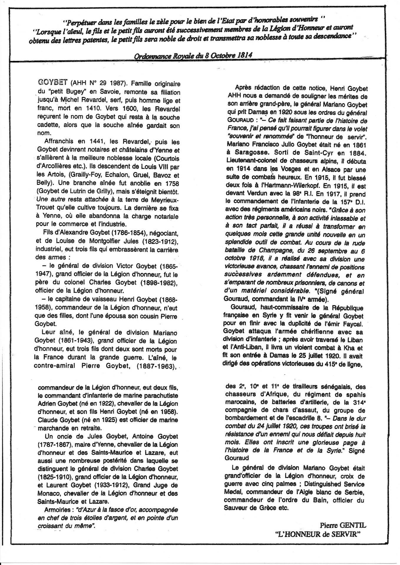 Notice AHH : Famille Goybet :Livre de pierre Gentil :L'honneur de servir Auteuil Impression 1998
